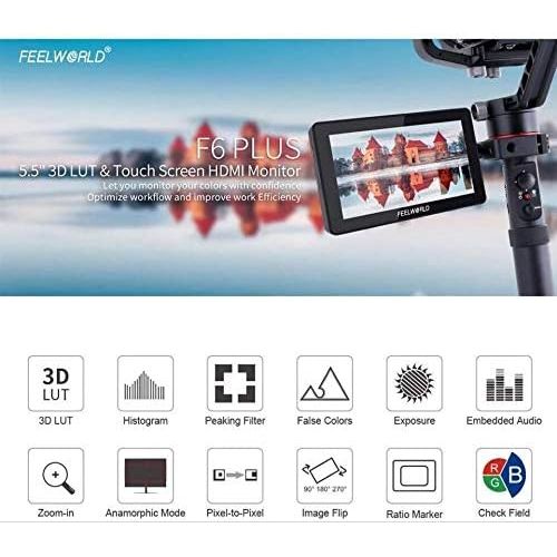  FEELWORLD F6 Plus 5.5 Inch 3D Touch Screen IPS FHD1920x1080 Support 4K HDMI Field Monitor On DSLR Camera DC and Type-C Input with Tilt Arm and 12V Adapter (with Battery and Charger