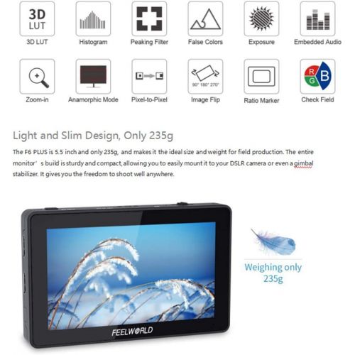  Feelworld F6 Plus 3D LUT Monitor Aluminum Alloy 5.5 Inch Touch Screen Director Monitor DSLR Camera FHD 1920x1080 4K HDMI Micro Single Display and TUYUNG Cloth