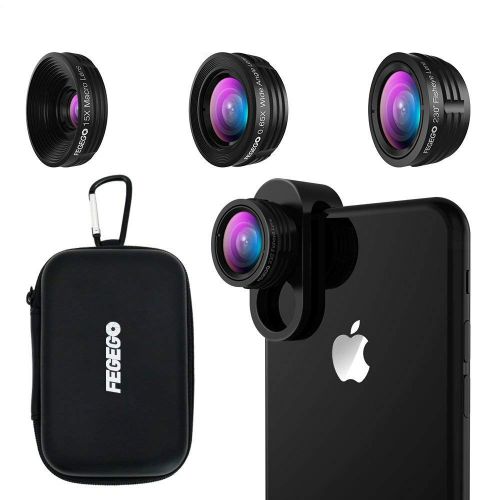  FEGEGO Phone Camera Lens Kit,0.65X Wide Angle Lens+ 230° Fisheye Lens + 15X Macro Lens,Clip-On Lenses for iPhone XRXS XS MAXX 8 7 6 Plus, Samsung Smartphones