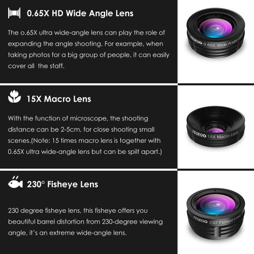  FEGEGO Phone Camera Lens Kit,0.65X Wide Angle Lens+ 230° Fisheye Lens + 15X Macro Lens,Clip-On Lenses for iPhone XRXS XS MAXX 8 7 6 Plus, Samsung Smartphones