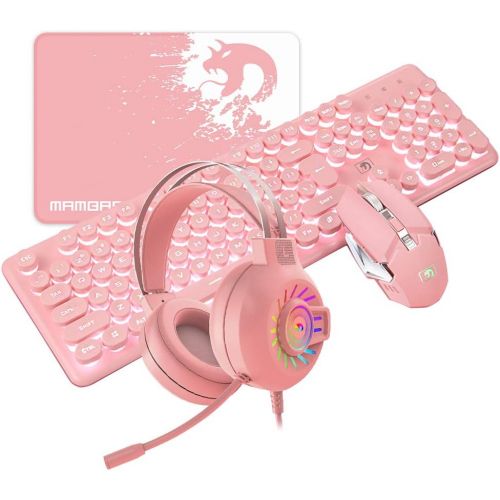  FELICON Pink Gaming Keyboard Mouse and Headset and Mouse pad Wired LED Backlit Mechanical Feeling Keyboard 2400DPI Adjust Mice 3.5mm Gaming Stereo Headset for Gamers and Xbox and PS4 PS5 N