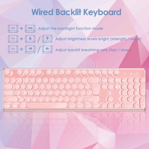  FELICON Pink Gaming Keyboard Mouse and Headset and Mouse pad Wired LED Backlit Mechanical Feeling Keyboard 2400DPI Adjust Mice 3.5mm Gaming Stereo Headset for Gamers and Xbox and PS4 PS5 N