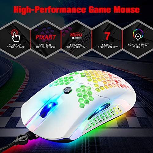  FELICON Lightweight Gaming Mouse Wired, 12000DPI Mice Backlit Mice with 7 Buttons Programmable Driver,Ultralight Honeycomb Shell Ultraweave Cable Mouse Compatible with PC Gamers and Xbox a