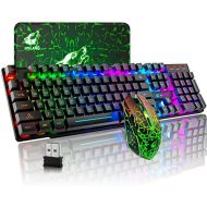 FELICON Wieless Gaming Keyboard and Mouse Combo Rainbow Backlight Quiet Ergonomic Mechanical Feeling Anti-ghosting Keyboard Mouse with Rechargeable 4000mAh Battery Mouse Pad for Computer M