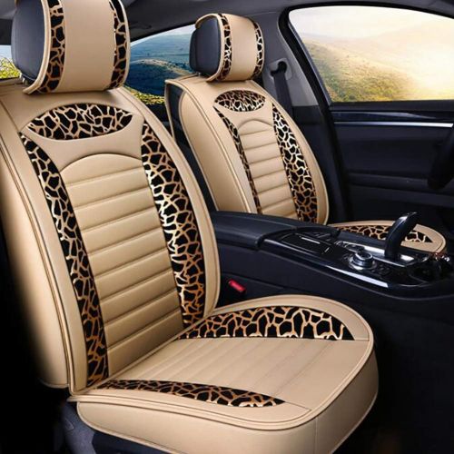  FENGWUTANG Universal PU Leather Car Seat Cushion Cover,Leopard Print Waterproof Front and Rear 5 Seats Full Set Car Seat Covers for Most Cars SUV Van