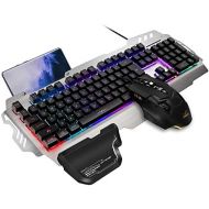 FENIFOX Gaming Keyboard and Mouse, Wired Backlit Rainbow Ergonomic Mechanical Feeling Led Removable Hand Rest Metal Panel,for Windows PC Gamer PS4 Xbox one