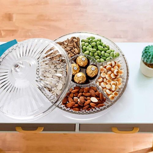  [아마존베스트]FEOOWV Creative Acrylic Multifunctional Party Snack Tray with Lid,Serving Dishes for Dried Fruits Nuts Candies Fruits,6-Compartment (Clear)