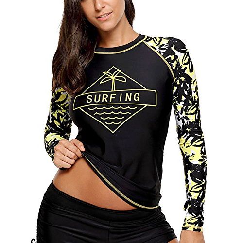  FEOYA Long Sleeve Rashguard Top Print Swimsuit Plus Surfing Swimwear