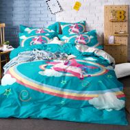 FEYART Unicorn Cartoon Duvet Cover Set, 3pcs/4pcs Brushed Microfiber Kids Bedding Set for Girl Boy Gift, Anti-Allergy Anti-mite Material, Aquamarine Color Twin Full Queen King