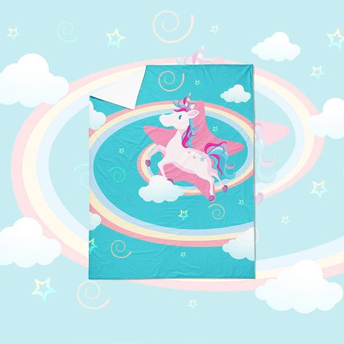  FEYART Unicorn Cartoon Duvet Cover Set, 3pcs/4pcs Brushed Microfiber Kids Bedding Set for Girl Boy Gift, Anti-Allergy Anti-mite Material, Aquamarine Color Twin Full Queen King