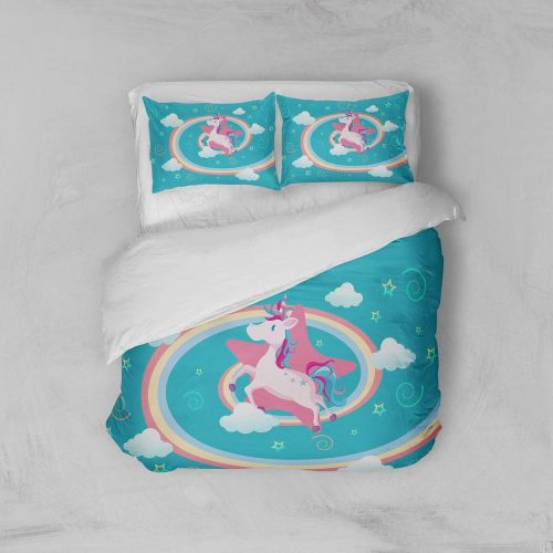  FEYART Unicorn Cartoon Duvet Cover Set, 3pcs/4pcs Brushed Microfiber Kids Bedding Set for Girl Boy Gift, Anti-Allergy Anti-mite Material, Aquamarine Color Twin Full Queen King