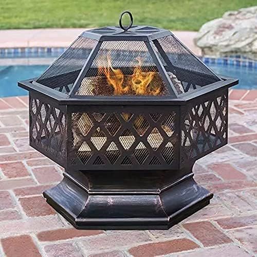  FGVDJ Multifunctional Fire Pit Table， Hexagon Fire Pit， Firepit Table for Outside Wood， Patio Stove Wood Burning BBQ Grill Fire Pit Bowl with Spark Screen Cover for C