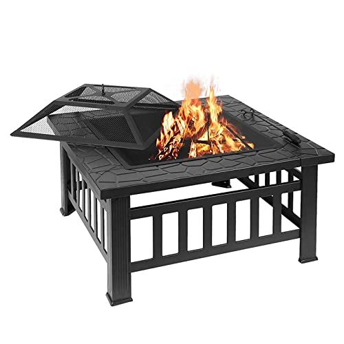  FGVDJ Outdoor Fire Pit, Square Metal Firepit Table, Wood Burning Stove BBQ Table, Ice Pit, Heater, Suitable for Backyard Garden Camping Party