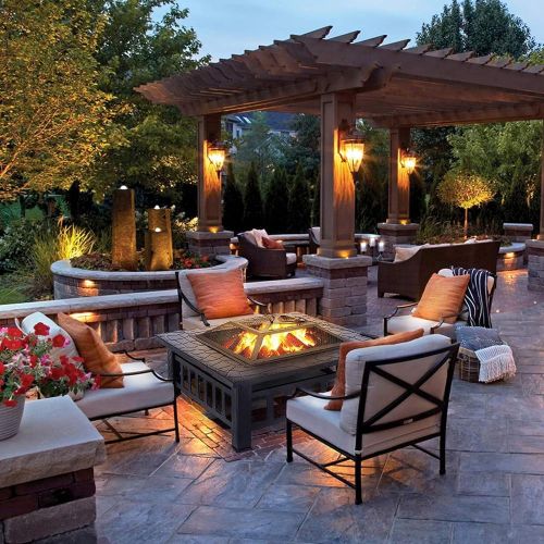  FGVDJ Outdoor Fire Pit, Square Metal Firepit Table, Wood Burning Stove BBQ Table, Ice Pit, Heater, Suitable for Backyard Garden Camping Party