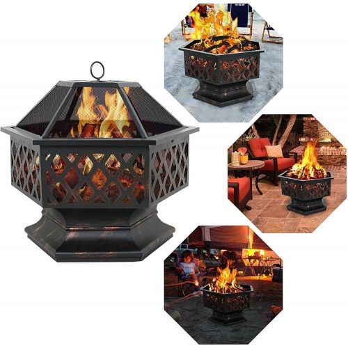  FGVDJ Outdoor Wood Burning Fire Pits & Bowls, Large Deep Wood Heater Stove, w/Mesh Spark Guard & Fire Poker, for Patio, BBQ, Backyard, Picnic, Garden, Bonfire