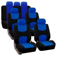FH Group FH-FB050217 Three Row Set Flat Cloth Car Seat Covers (4 Bucket Covers, 1 Solid Bench Cover), Blue/Black Color - Fit Most Car, Truck, SUV, or Van