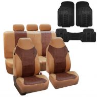 FH Group FH-PU160115 PU Textured High Back Leather Car Seat Covers Solid Beige, Airbag Compatible and Split Bench with F11306 Vinyl Floor Mats- Fit Most Car, Truck, SUV, or Van
