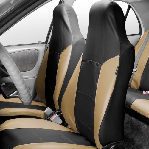  FH Group Royal PU Leather Full Set Airbag Compatible and Split Bench Car Seat Covers, Beige and Black