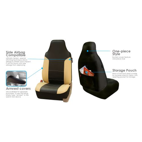  FH Group Royal PU Leather Full Set Airbag Compatible and Split Bench Car Seat Covers, Beige and Black