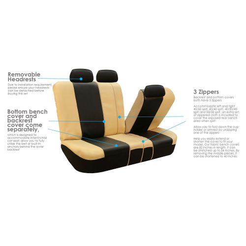  FH Group Royal PU Leather Full Set Airbag Compatible and Split Bench Car Seat Covers, Beige and Black