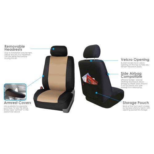  FH Group Neoprene Waterproof Full Set Car Seat Covers Airbag Ready & Split Bench Function, Beige
