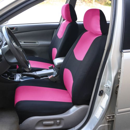  FH Group Car Seat Covers Set for Auto 4 Headrests Black Pink with Carpet Floor Mat