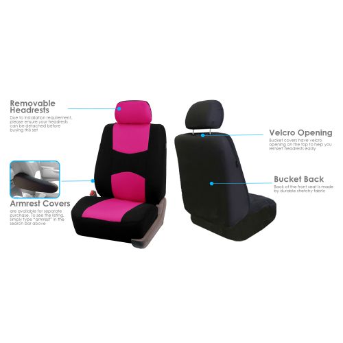  FH Group Car Seat Covers Set for Auto 4 Headrests Black Pink with Carpet Floor Mat