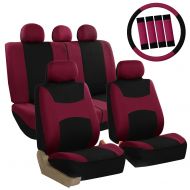 FH Group Light & Breezy Burgundy and Black Auto Accessories Set, with Steering Wheel Cover and Seat Belt Pads, Airbag Compatible and Split Bench Full Set Seat Covers