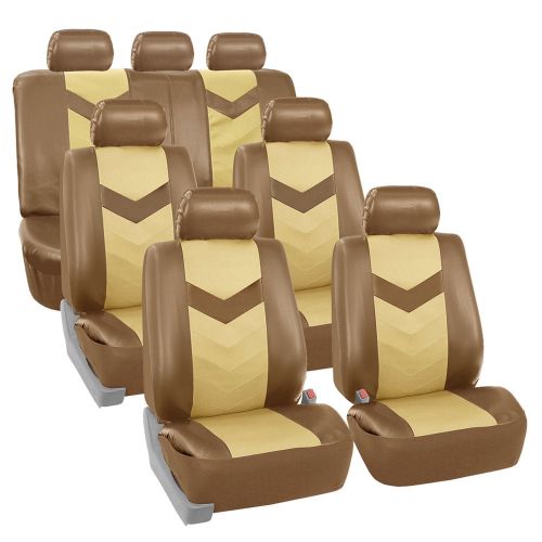  FH Group Faux Leather Synthetic Leather Auto Seat Cover, 7 Seater SUV VAN Full Set, Beige and Tan