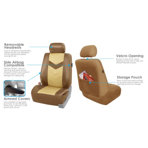  FH Group Faux Leather Synthetic Leather Auto Seat Cover, 7 Seater SUV VAN Full Set, Beige and Tan