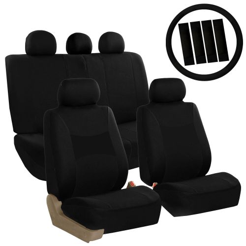  FH Group Light & Breezy Auto Accessories Full Set Seat Covers, with Steering Wheel Cover and Seat Belt Pads, Airbag Compatible and Split Bench Function, Black