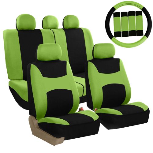  FH Group Light & Breezy Green and Black Auto Accessories Set, with Steering Wheel Cover and Seat Belt Pads, Airbag Compatible and Split Bench Full Set Seat Covers
