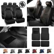 FH Group PU021115 Synthetic Leather Full Combo Set Auto Seat Covers w. Seatbelt Pads, Steering Wheel Cover and Floor Mats, Black Color- Fit Most Car, Truck, SUV, or Van