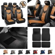 FH Group PU021115 Synthetic Leather Full Combo Set Auto Seat Covers Tan/Black w. Seatbelt Pads, Steering Wheel Cover and Floor Mats, Black Color- Fit Most Car, Truck, SUV, or Van