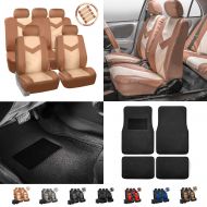 FH Group FH-PU021115 Synthetic Leather Full Combo Set Auto Seat Covers with Seatbelt Pads, Steering Wheel Cover and Floor Mats Beige/Tan- Fit Most Car, Truck, SUV, or Van