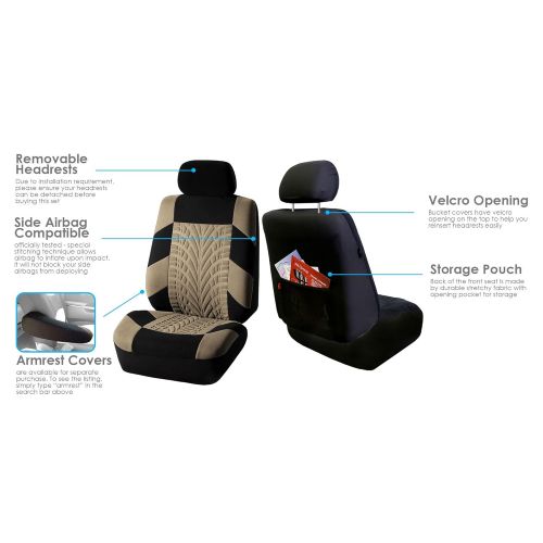  FH Group FH GROUP FH-FB071128 Complete Three Row Set Travel Master Seat Covers Beige / Black , (Airbag Ready & Rear Split) - Fit Most Car, Truck, Suv, or Van