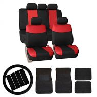 FH GROUP FH-FB056114 FH GROUP FH Group Modern Flat Cloth Car Seat Covers Combo Set: F14403 Carpet Floor Mats, Steering Wheel Cover, Seat Belt Pads Red /Black