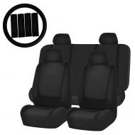 FH Group FH-FB032114 Unique Flat Cloth Car Seat Covers with FH2033 Steering Wheel Cover and Seat Belt Pads, Solid Black Color- Fit Most Car, Truck, Suv, or Van