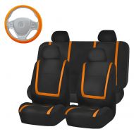 FH Group FH-FB032114 Unique Flat Cloth Full Set Car Seat Covers, Orange/Black w. Silicone Steering Wheel Cover- Fit Most Car, Truck, Suv, or Van