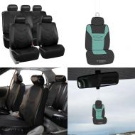 FH Group PU021115-SEAT Synthetic Leather Full Set Seat Covers Black w. Free Air Freshener- Fit Most Car, Truck, SUV, or Van