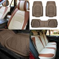 FH Group PU205115 Ultra Comfort Leatherette Seat Cushions (Split Ready) w. F11323 Beige Rubber Floor Mats- Fit Most Car, Truck, Suv, or Van