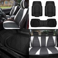 FH Group PU205115 Ultra Comfort Leatherette Seat Cushions (Split Ready) White/Black Color w. F11323 Black Rubber Floor Mats- Fit Most Car, Truck, Suv, or Van