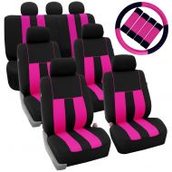 FH Group FH-FB036217 FH2033 Three Row Combo Set: Striking Striped Seat Covers with Premium Carpet Floor Mats Pink/Black Color- Fit Most Car, Truck, SUV, or Van