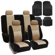 FH Group FH GROUP FB060114 Combo Set: Trendy Elegance Full Set Car Seat covers, Airbag & Split Ready, Beige / Black Color w. F11305 Black Rubber Floor Mats- Fit Most Car, Truck, Suv, or Van