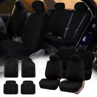 FH Group FH GROUP FH-FB051115 + R11305 Combo Set: Black Multifunctional Flat Cloth Car Seat Covers, Airbag Compatible and Split Ready and Black Rubber Floor Mats