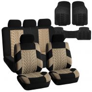 FH Group FH-FB071115 Complete Set Travel Master Seat Covers Beige/Black, Airbag Ready & Rear Split with F11306 Vinyl Floor Mats - Fit Most Car, Truck, SUV, or Van