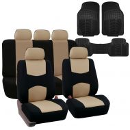 FH Group FH GROUP FH-FB051115 Multifunctional Flat Cloth Car Seat Covers, Beige / Black, Airbag compatible and Split Bench with F11306 Vinyl Floor Mats- Fit Most Car, Truck, Suv, or Van