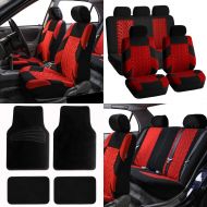 FH Group FH-FB071115 Complete Set Travel Master Seat Covers Airbag Ready & Rear Split, Red / Black Color w. Premium Carpet Black Floor Mats- Fit Most Car, Truck, Suv, or Van