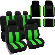 FH Group FH-FB036115 + F14407 Combo Set: Striking Striped Seat Covers with Premium Carpet Floor Mats Green/Black Color- Fit Most Car, Truck, SUV, or Van