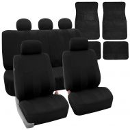 FH Group FH GROUP FH-FB036115 + F14407 Combo Set: Striking Striped Seat Covers with Premium Carpet Floor Mats Solid Black Color- Fit Most Car, Truck, Suv, or Van